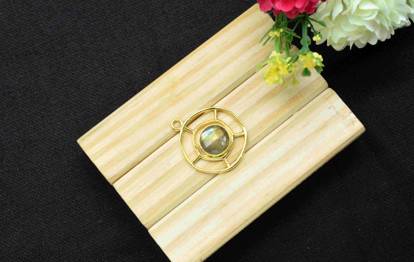 Labradorite Gemstone Component, Single Bail Charm , Labradorite Connector Pendant , Gold Plated Connectors , Earring Component , B'day Gift