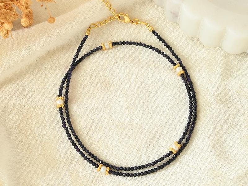 Blue Sapphire Bead Necklace,Birthstone Jewelry, Dainty Layering Necklace, Anniversary Gift for Her, Crystal Choker,Dainty Bead Necklace,gift