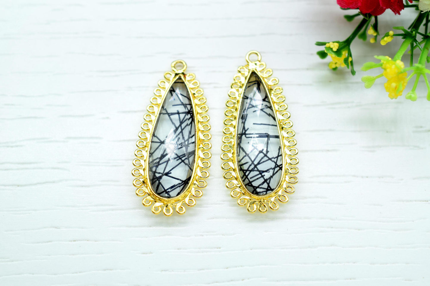 Black Rutile 10x30mm Teardrop Bezel Charm,Single Bail Pendant,Handmade Jewellery Connectors,Gemstone Brass Component,Handmade Connector,Gift