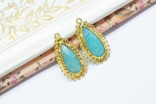Amazonite 8x20 Teardrop Bezel Charms,Wholesale Jewelry,Single Bail Pendant,Gemstone Brass Component,Handmade Jewellery Connectors,Gift
