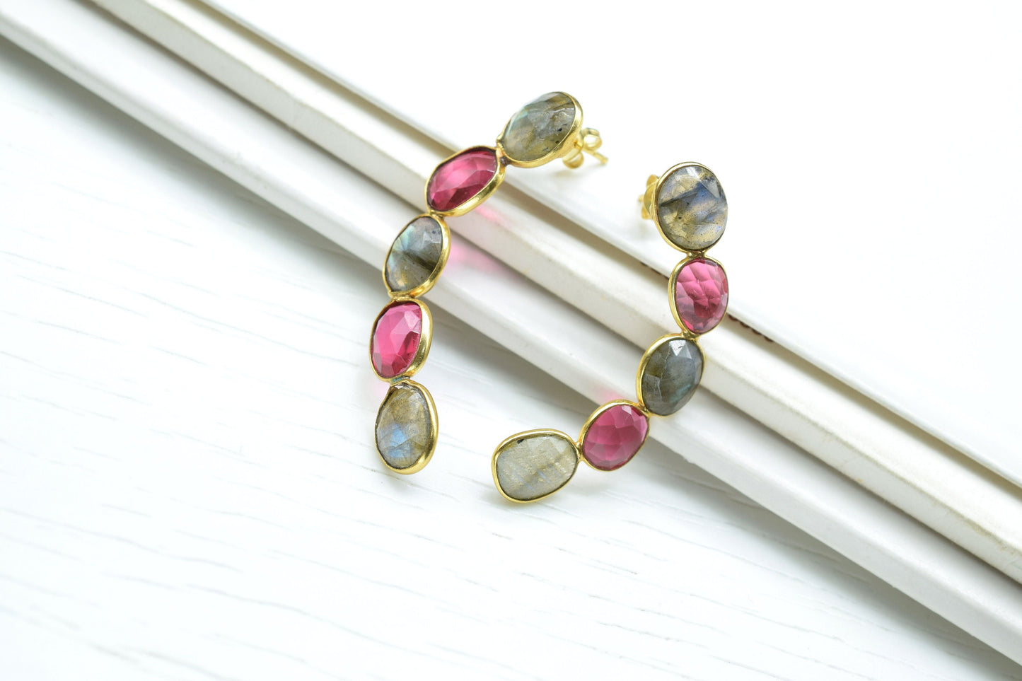 Gemstone Labradorite Earring/Double Stone Earring/Pink Tourmaline Earring/Long Earring/Bridal Earring/Bridesmaid earring/Women Earring/Gift