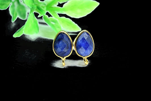 Blue Sapphire 7x10mm Earring Connector, Jewelry Making,Blue Sapphire post stud,Gold Plated Earring Connector,Pear Shape Earring Connector