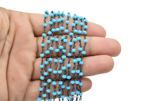 Turquoise Agate 3mm Beaded Chain,Turquoise Faceted Beads Wire Wrapped Chain,Brass chains,Jewelry Making Chain,Turquoise Beads rosary Chain