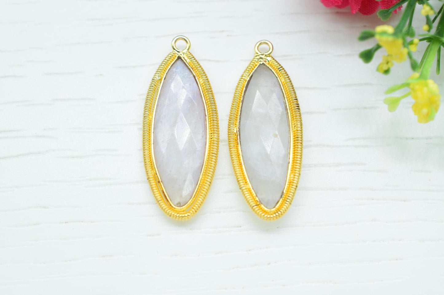 Moonstone 10x30mm Bezel Charm,Gemstone connector,Marquise Shape Charm,Single Bail Pendant,Handmade Component Pendant,Moonstone Bezel Jewelry