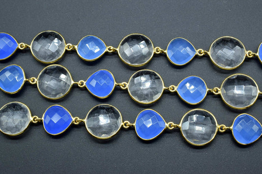 Blue chalcedony & Crystal Bezel Chain I Handmade Bezel Link Chain I Chalcedony Gold Plated Bezel Chain,,Gemstone Connector Chain Per Foot