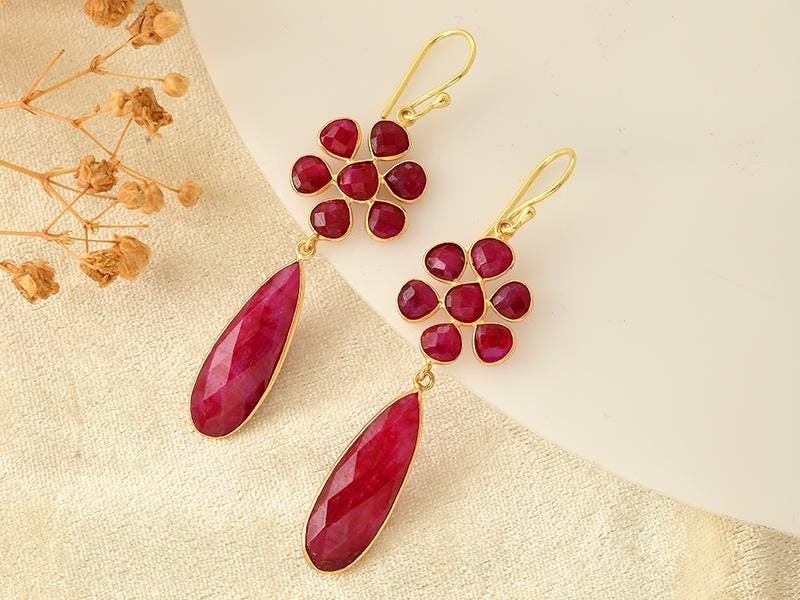 Natural Ruby Dangle Earring/Gold Plated Earring/Bridal Earring/Handmade Jewelry/Ruby Wedding Earring/Gold Plated Jewelry/B'day Gift