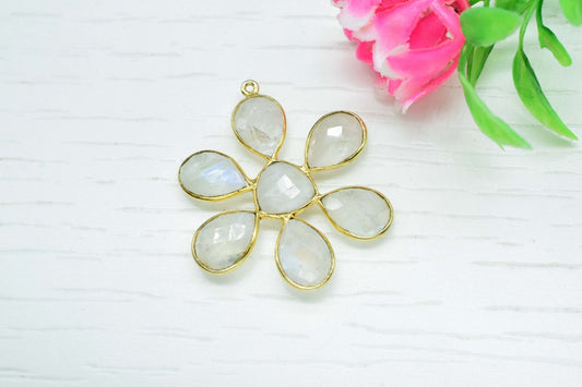 Moonstone loop connector,Natural Rainbow Moonstone,Bezel pendant ,floral gold Plated Single Point Bail,gemstone pendant,gold plated pendant,