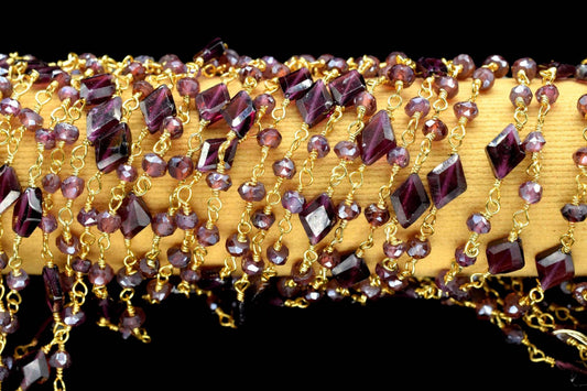 Garnet 3mm Beaded Chain,Garnet Rosary,Gold Plated Wire Wrap Chain,Brass chain,Jewelry Making Chain,Rosary chain,bigger beaded rosary