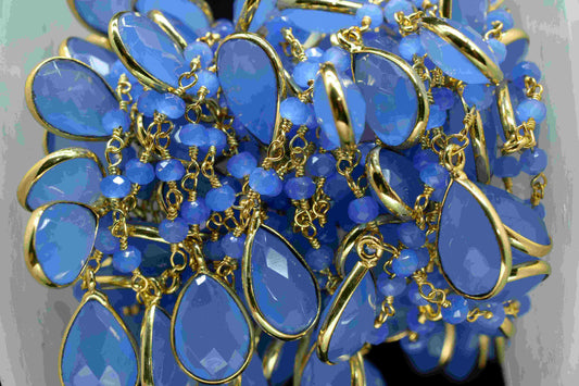 Blue Chalcedony 8x12mm Bezel Chain,Gemstone Teardrop Faceted Connector,Beaded Jewelry Making Chain,Handmade Bezel Link,Blue Quartz Jewelry