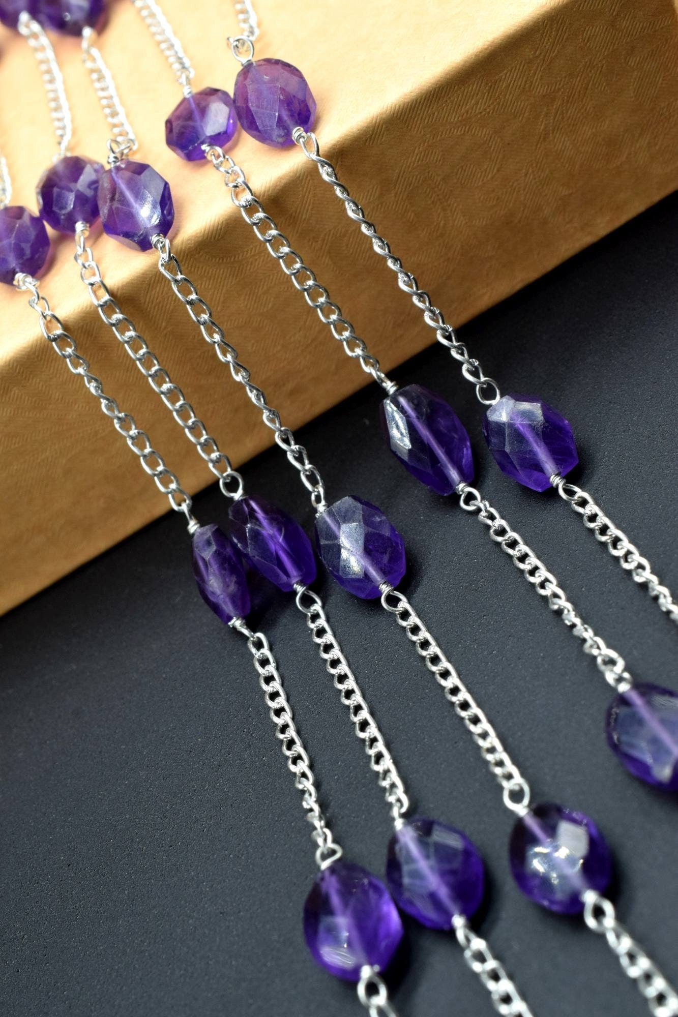 Amethyst Briolette Rosary Chain,Amethyst wire wrapped Beads Chain,Rosary Link Chain, Rosary Chain Supplies,Amethyst Beaded Rosary Chain,