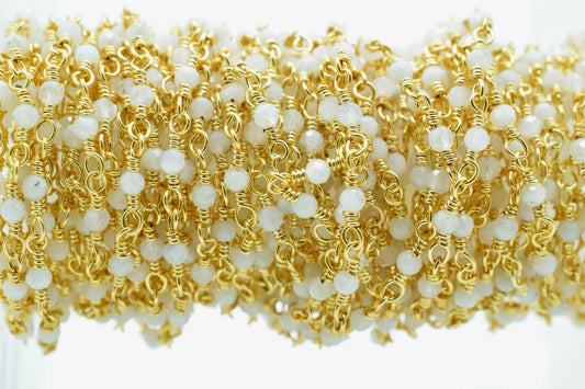 Moonstone 2mm Beaded Chain,Moonstone Rosary Chains,Gold Plating Wire Wrap Chain,Moonstone Brass chain,Jewelry Making Chains, Vermeil chains