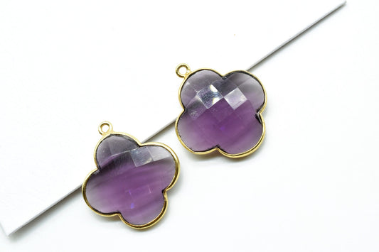 Amethyst 20mm Clover Shape Connector,Gold Plated Single Bail Gemstone Connector,Faceted Clover Shape Gemstone Bezel,Clover Charm Pendants