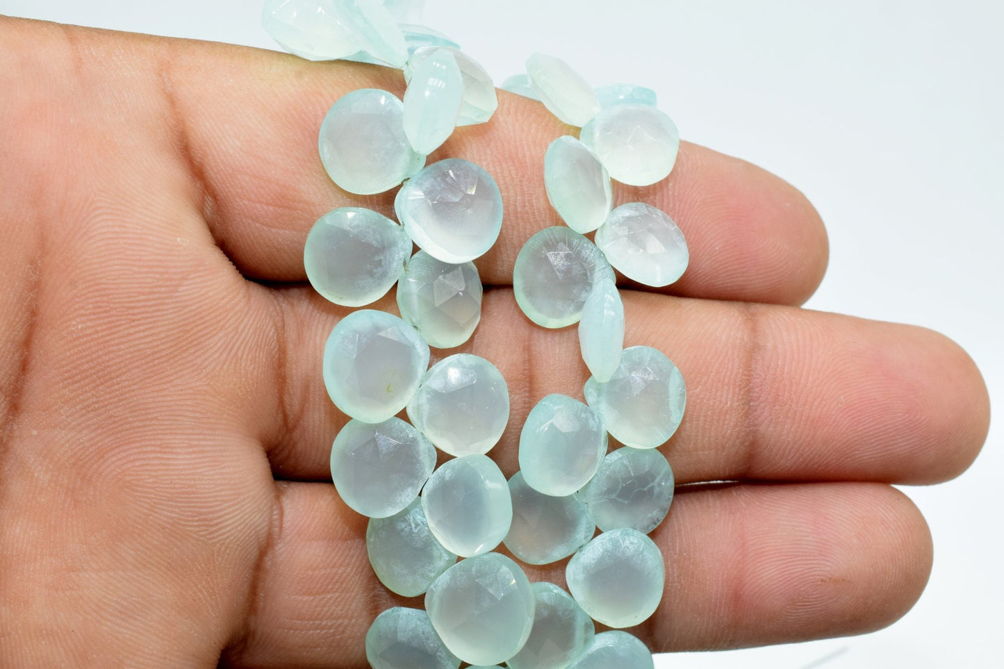 Aqua Chalcedony Faceted Heart Shape,Aqua Chalcedony Briolettes,10mm aqua heart shape,faceted heart shape strand,8'' aqua Chalcedony strand