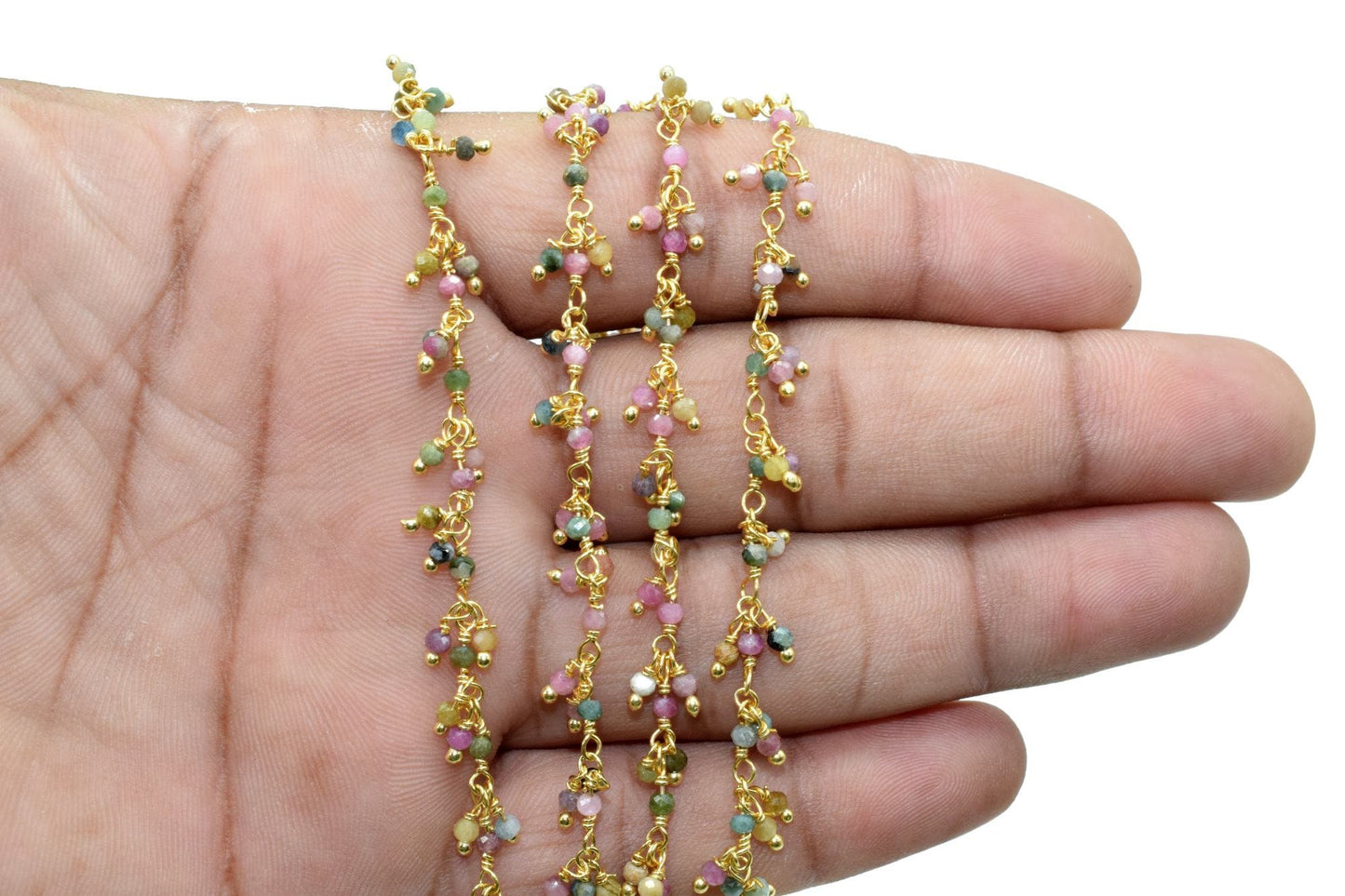 2 mm Natural Multi Tourmaline Faceted Gold Plated Cluster Rosary Chain,Wire Wrap Dangling Rosary,2 mm Beaded Chains,By Foot Finding Jewelry