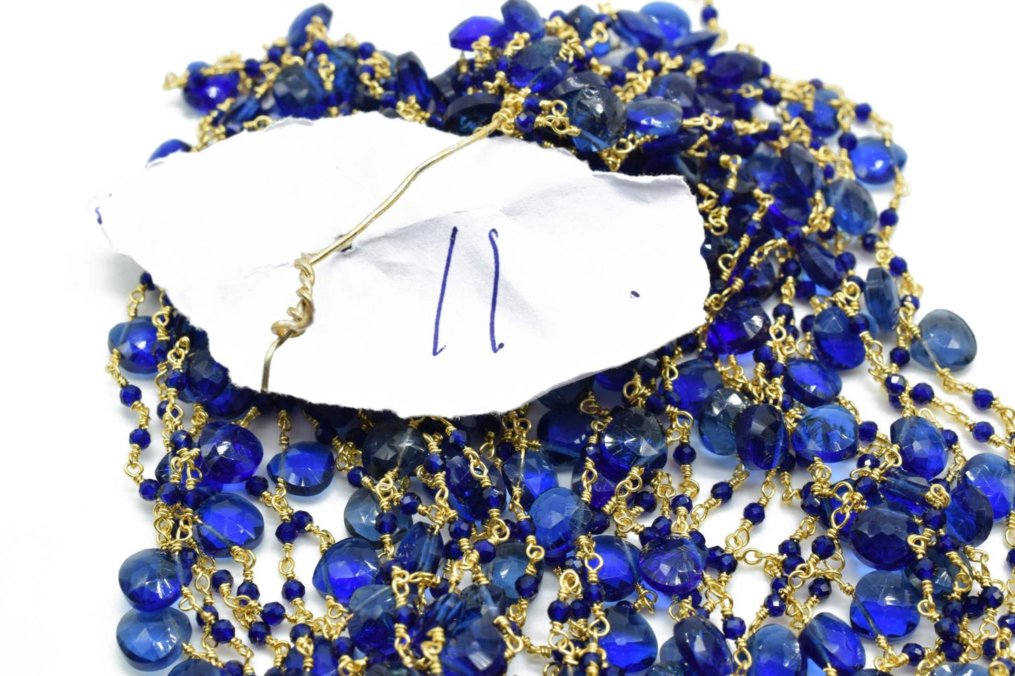 Blue Sapphire 2mm Beaded & Heart shape Chain,Wrapped Rosary Chain,Sapphire Briolette rosary chain,Brass Gold Plated Sold Per Foot Wholesale