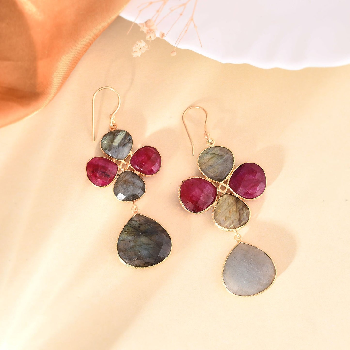 Natural Gemstone Labradorite Earring/Handmade Earring/Gold Plated Earring/Bridal Earring/Ruby Earring/Dangle Earring/Women Earring/Gift