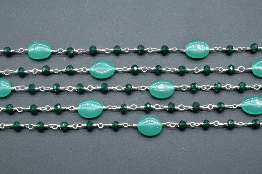 Natural Green onyx Smooth Oval Rosary Style Beaded Chain,Gold Plated Wire Wrapped Chain,Gemstone Linked Handmade Chain,Jewelry Making,
