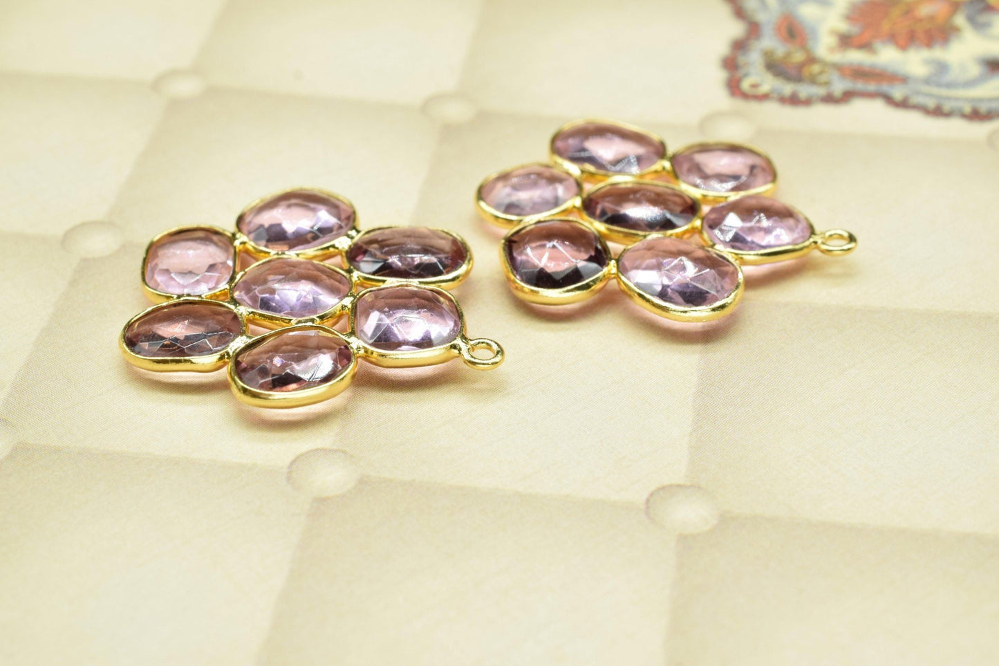 Pink Amethyst Quartz Gemstone Charms Pendant,Pink Amethyst Quartz Finding Connector,Pink Amethyst Gold Plating Single bail Connector