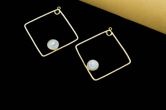 Moonstone 32mm Square Shape Component,Round Gemstone Connectors Pendant,Moonstone Square Pendant,Moonstone Gold Plated bezel,Jewelry Making