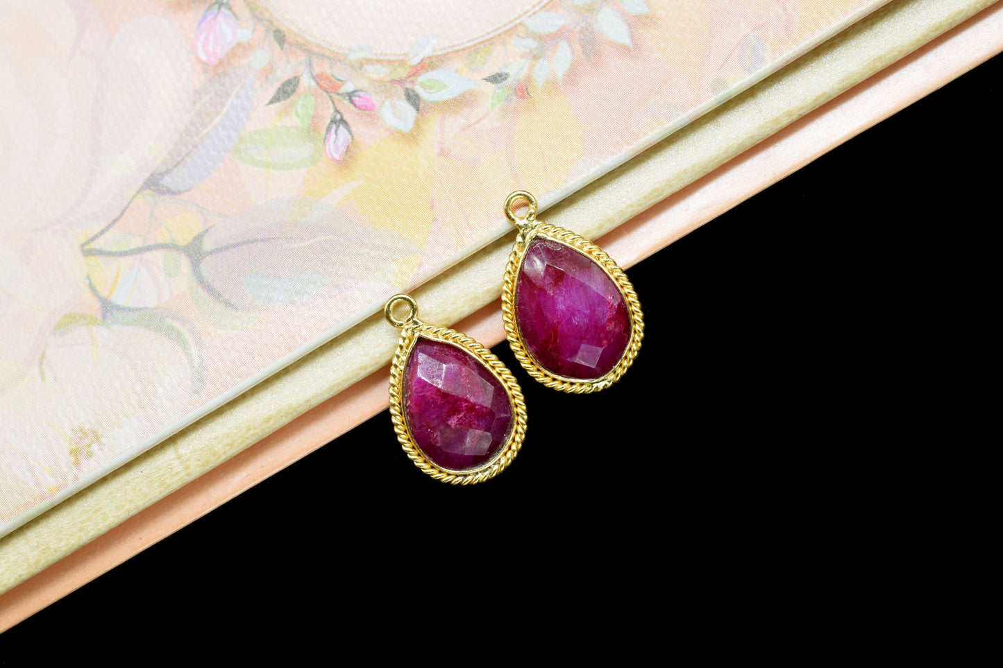 Ruby Gemstone 10x14mm Bezel charm,Ruby Connectors and Bezels,Ruby fancy pendant,Ruby Gold Plated Single Bail Handmade jewelry making charms