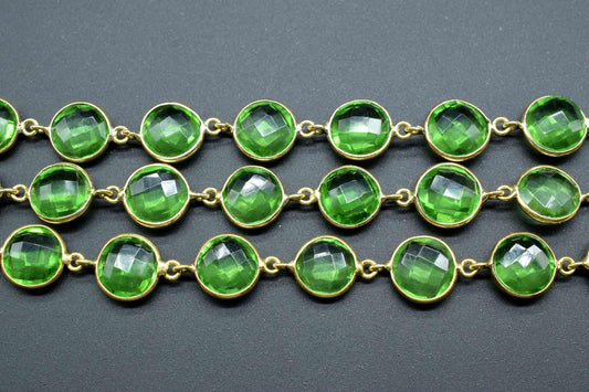 Natural Peridot Round Connector link Chain,Faceted Bezel Connector Link Chain,Continuous Connector Chain by foot,Gold Plated Gemstone Chain,
