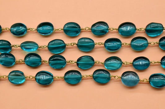 Natural Neon Blue Apatite Beaded Rosary, Gold plated Chain,Neon Apatite Smooth Gemstone Beads Rosary Chain,Natural Gemstone chain,Neon Beads