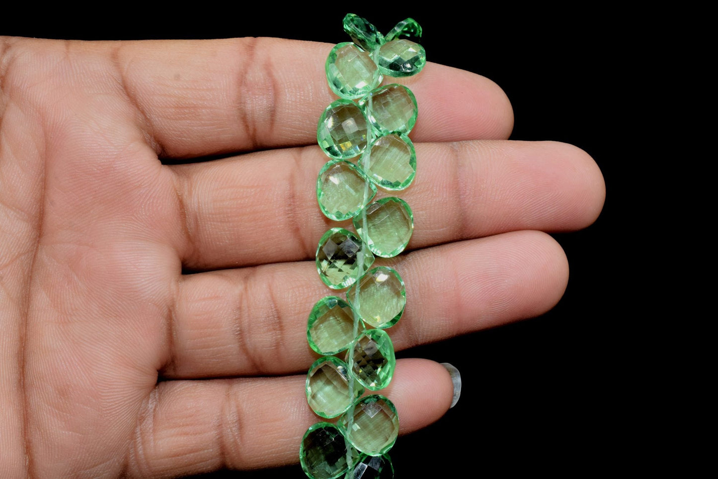 Green Amethyst Faceted Heart Shape Briolettes,10mm Heart Shap Beads Strand,Green Amethyst Briolettes Strand,10mm Heart Shape Strand,9 inches