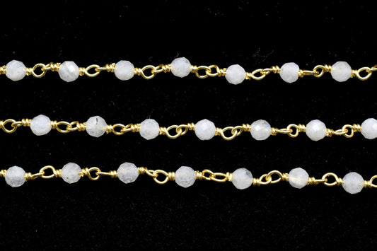 Moonstone 3mm Beaded Chain,Rainbow Moonstone Wire Wrapped Beaded Chain -Gold Rosary Style Chain -BuY in BULK,Rosary Chain,Brass Gold Plating