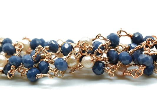 Blue chalcedony Beaded Chain,pearl Rosary Chains,Blue Agate Gold Plating Wire Wrap Chain,Brass chain,Jewelry Making Chain,Rosary chain,roll