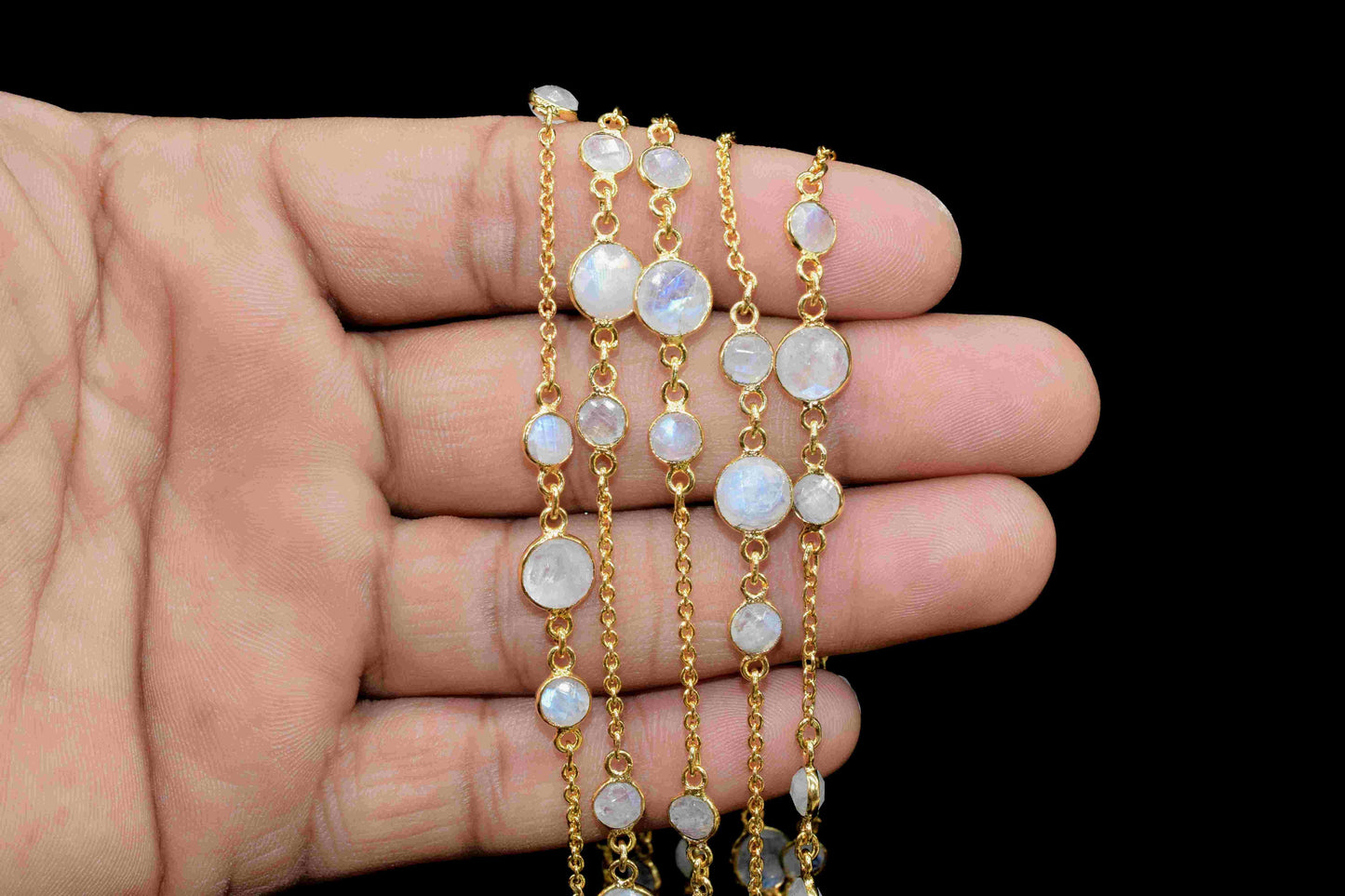 Rainbow Moonstone Bezel Chain Connector, Gold Plated Gemstone Chain, Bracelet Chain,Round Bezel Beads Rosary Chain,Rainbow Jewelry Connector