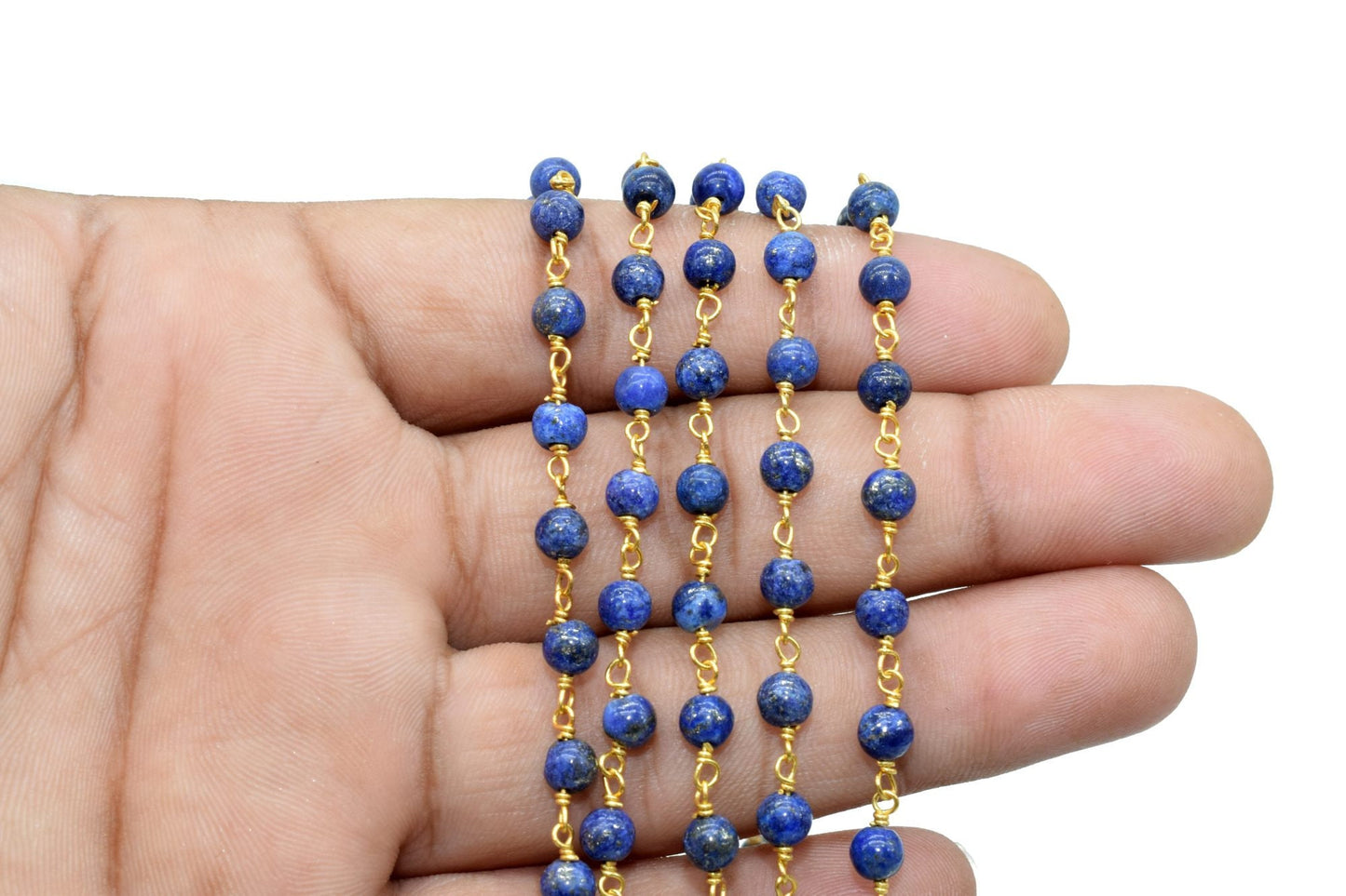 Lapis Lazuli 4mm Round Beaded Chain,Premier Quality Non Tarnish Gold Wire,lapis lazuli Wire Wrapped Rosary Chain,Brass Wire Wrapped Links