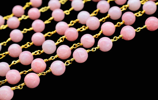 Pink Opal 6mm Smooth Beads Rosary Chain,Pink Opal Smooth Beads Chain,Pink Opal Gemstone Beaded Chain,Pink Opal Gold Plated Beaded Chain,Gift