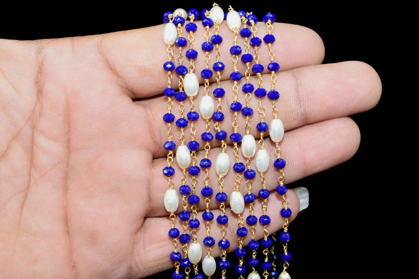 Blue Sapphire Hydro Faceted Rondelle Beaded Rosary Chain,Gold Plated Rosary Chain,Finding Wire Wrap Necklace Chain,Pearl Rosary Chain,Gift