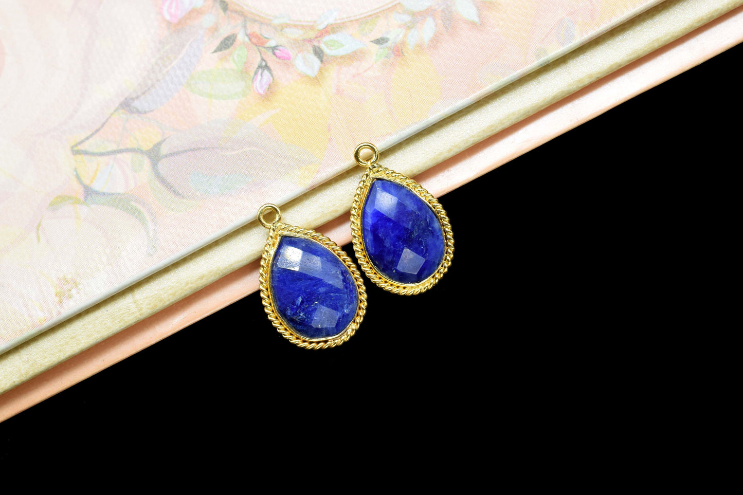 Blue Sapphire Faceted 10x14mm Pear Shape Charm,Blue Sapphire Connectors,Sapphire Single Bail Connector,Sapphire Gold Plated Charms Pendant