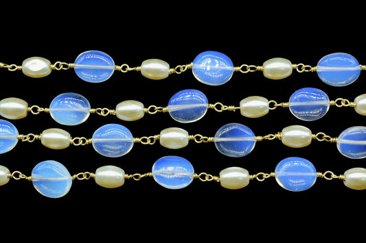 White Pearl and Opalite Rosary Chain,Jewelry Making Beaded Chain By Foot,Pearl and Opalite Rosary Oval Shape Beads,Necklace Wire Wrap Rosary