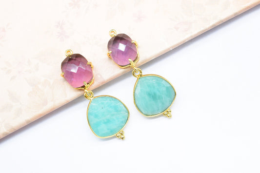 Amethyst Bezel Charm Connector/Station Bezel Link Pendant/Prong Bezel Jewelry/Handmade Jewelry/Amazonite Pendant/Connector/B'day Gift