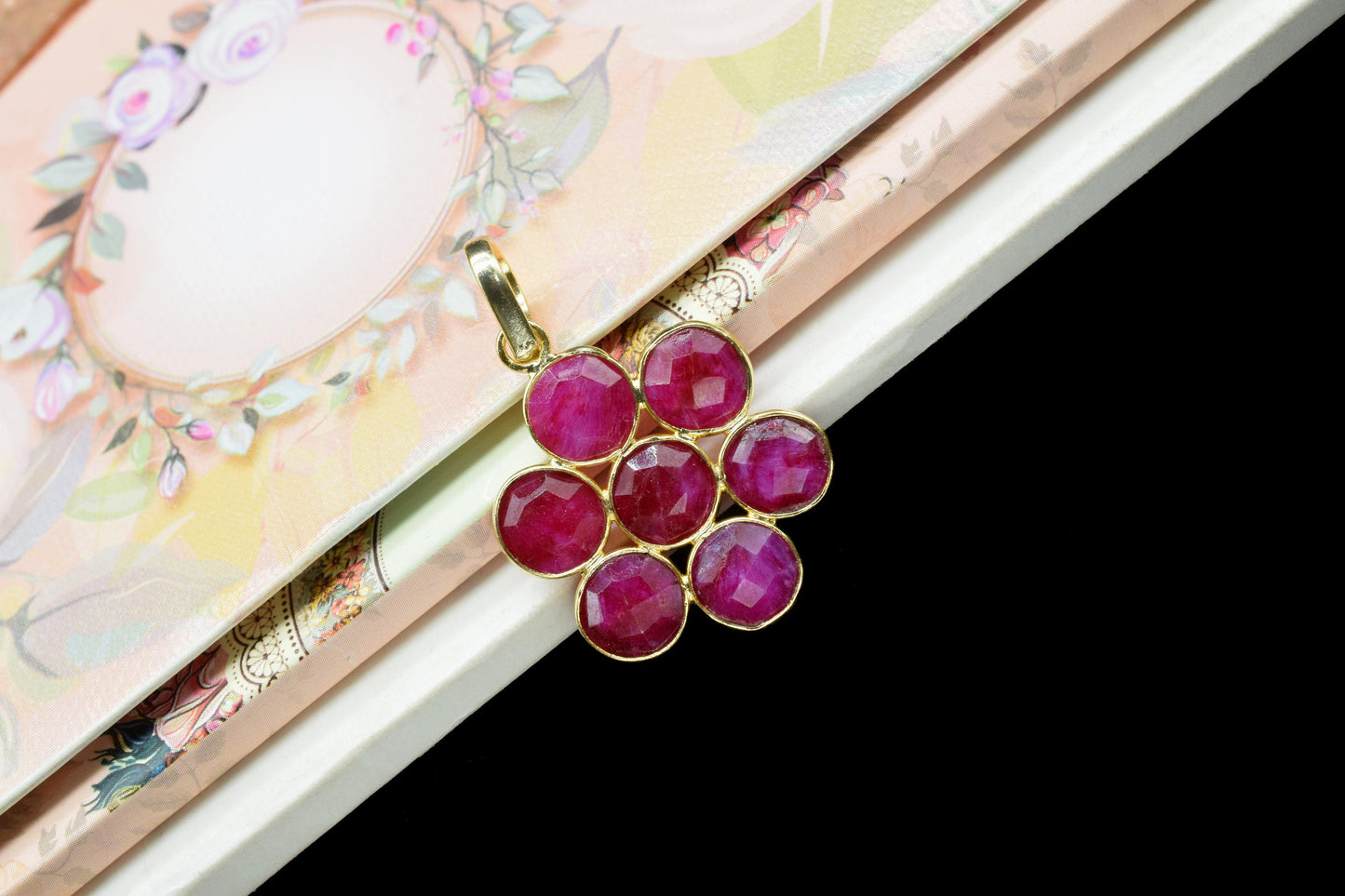 Natural Ruby Pendant,Precious Gemstone Pendant,Ruby Jewelry,Station Bezel Link Supply,Handmade Flower Pendant Jewelry,Round Flower Pendant