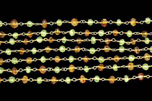 Peridot 3mm Beaded Chain,Faceted Peridot Rosary Style Beaded Chain,citrine beaded chian,multi gemstone beaded chian,wire wrapped,handmade,