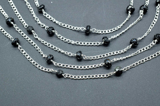 Black Onyx Faceted Beaded Chain,Black Onyx wire wrapped Beads Rosary,Black Onyx Chain,Rosary Style Chain,Chain By Foot,Black Gemstone Rosary