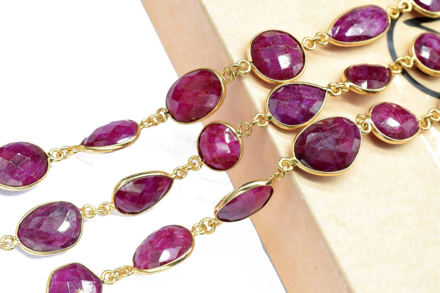 Natural Ruby Faceted Connectors, Gold Bezel Chain,Free Size Gemstone Connector,Handmade Station Bezel Link Chain,Ruby Bezel Jewelry,Gift for