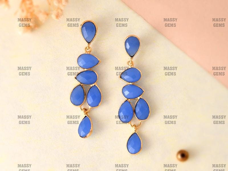 Blue Chalcedony Gold Plated Teardrop Earrings,Bridal Earring,Blue Chalcedony Gemstone Earring,Women Gifts,Designer Earrings,Wedding Earring,