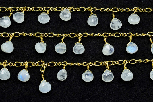 Moonstone 6mm Heart shape briolette chain,Moonstone Heart Shape Rosary Chain,Sold By Foot,Moonstone briolettes beaded chain,Moonstone chain