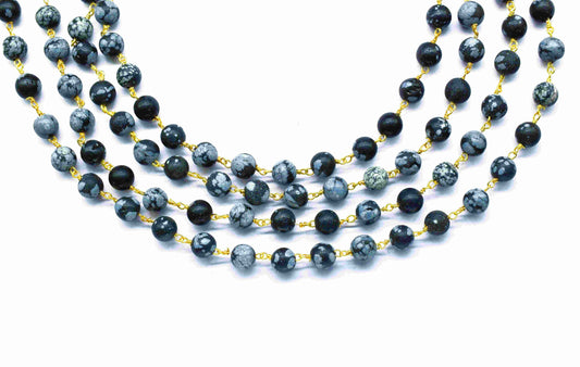 Snowflake Obsidian Smooth 6mm Round Beads Rosary,Snowflake Obsidian Wire Wrapped Chain,Snowflake Obsidian Beads Chain,Wholesale Beads Chain