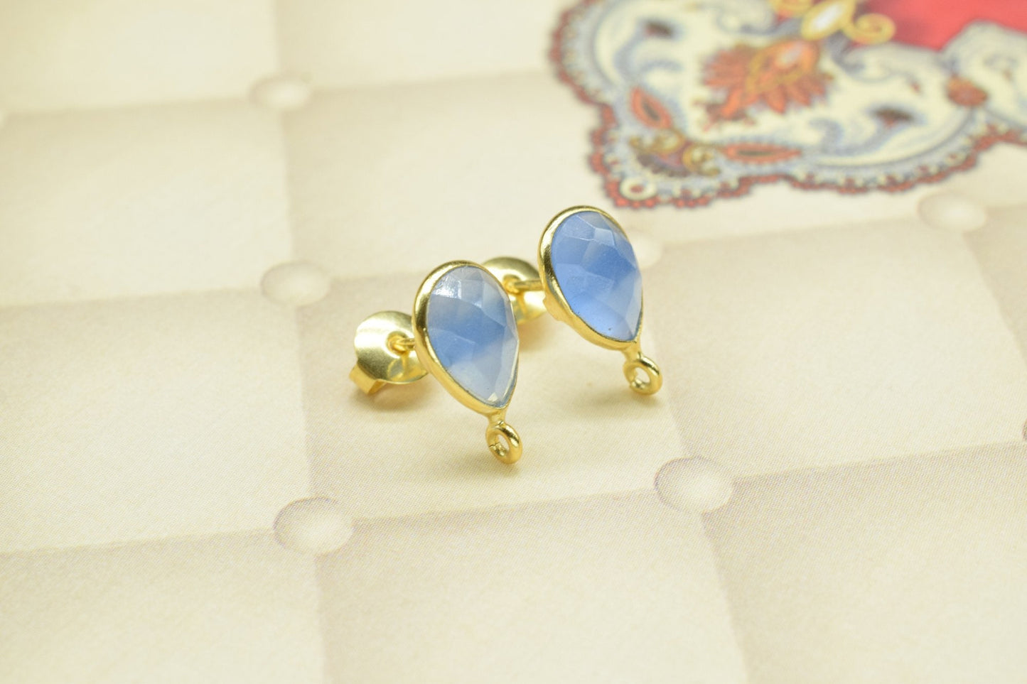 Blue Chalcedony 7x10mm Teardrop shape Earring connector Stud post setting with loop open bail, Blue Chalcedony Gold Plated Earring With Loop