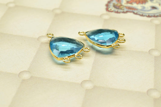 Blue Topaz Faceted 15mm Trillion Shape Charms,Blue Topaz Gemstone Bezel Jewelry,Topaz Gold Plated Single Bail Connector,blue Topaz Charms