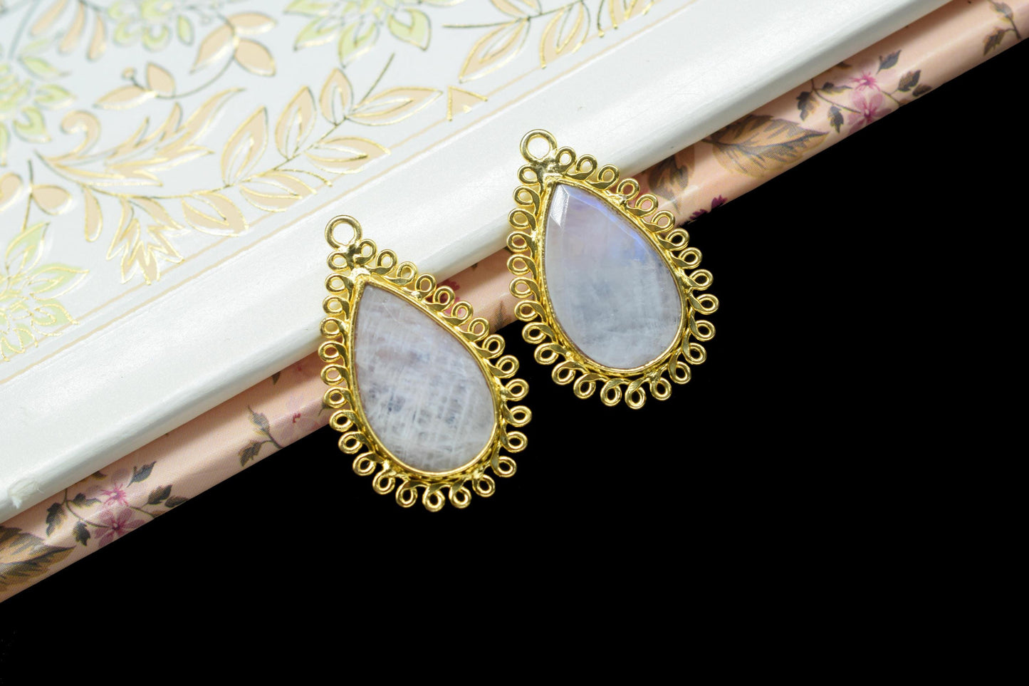 Moonstone 12x20mm Teardrop Bezel Charms,Gemstone Brass Component,Wholesale Jewelry,Single Bail Pendant,Handmade Jewellery Connectors,Gift