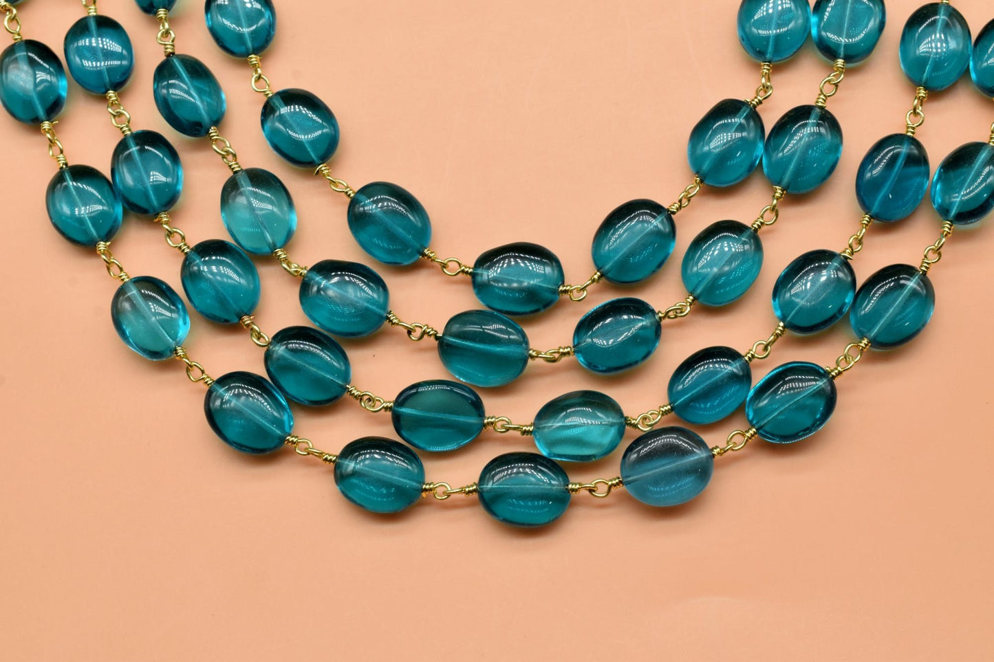 Natural Neon Blue Apatite Beaded Rosary, Gold plated Chain,Neon Apatite Smooth Gemstone Beads Rosary Chain,Natural Gemstone chain,Neon Beads