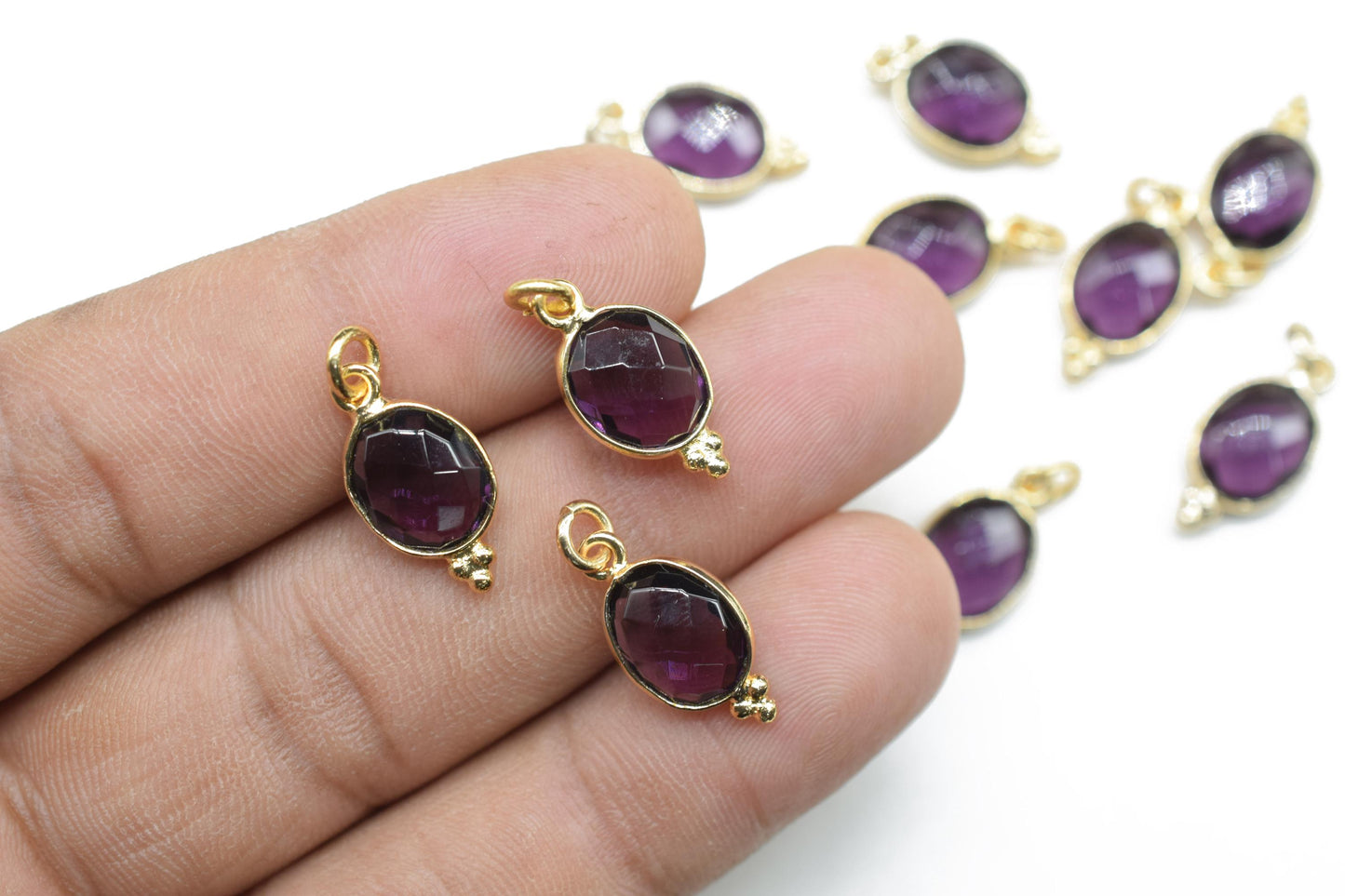 Amethyst Quartz 8x10mm oval Shape Pendant Jewelry/Amethyst Gold Plated Single Bail Connector jewelry/Gemstone Teardrop Charms/B'day Gift