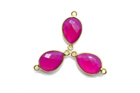 Pink chalcedony 10x14mm Pear shape double loop connectors,Checker Board cut Pink Chalcedony Pendant,Hot Pink charms,Fuchsia Pink Chalcedony