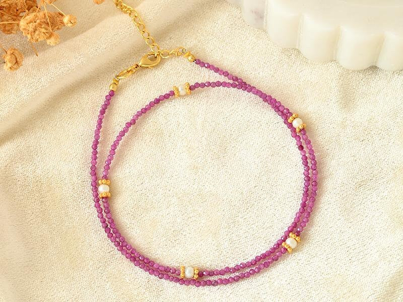Natural Ruby Tiny 2mm Faceted Beaded Choker, Bracelet,Genuine Purple Red Gemstone Beaded Necklace for Women, Daily Handmade Necklace,Jewelry